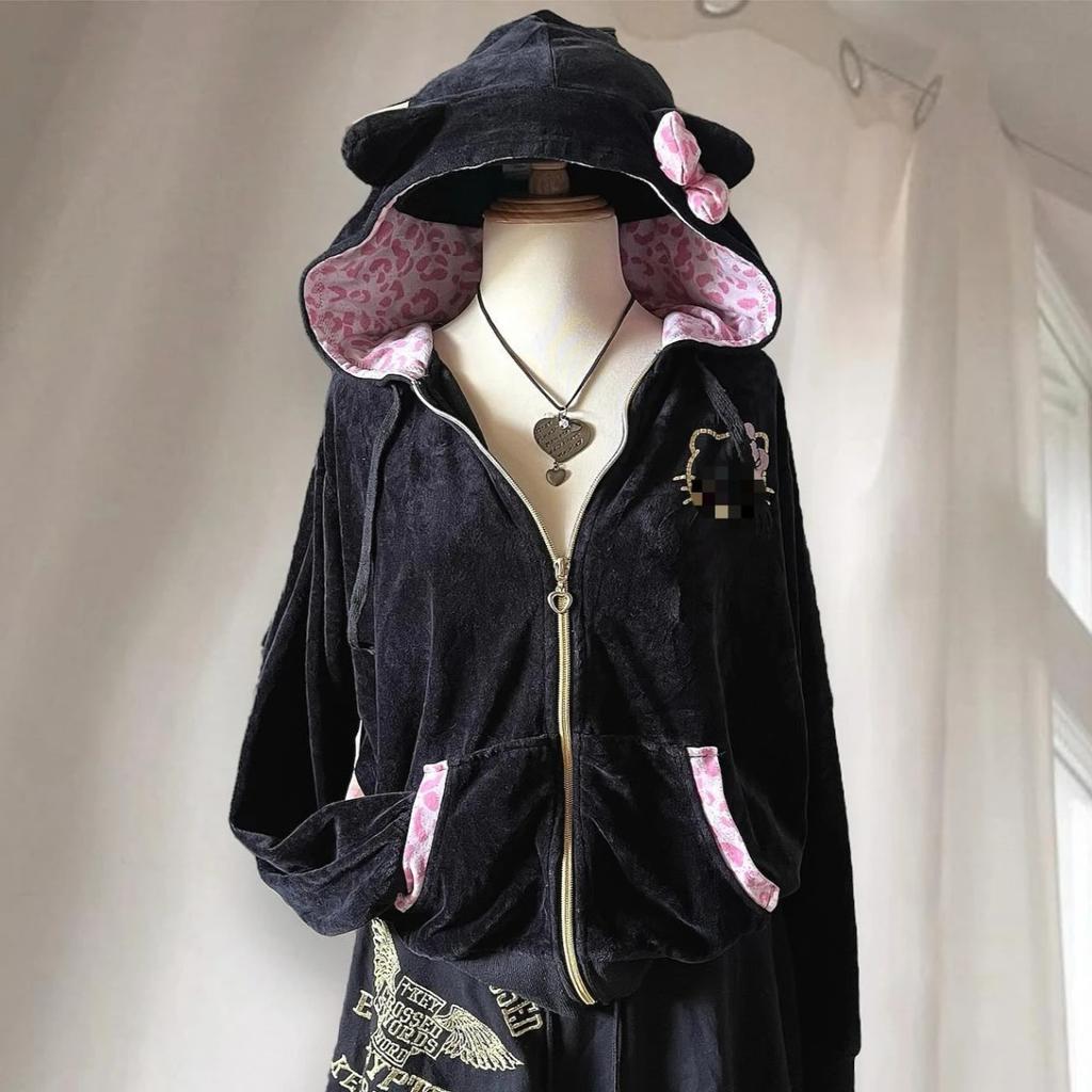 VAYLA Streetwear Y2K Dame Pullover Hettegenser Retro Harajuku Rosa Leopardtrykk Lappeteppe Genser Mote Trend Sportsklær Hettegenser Topp