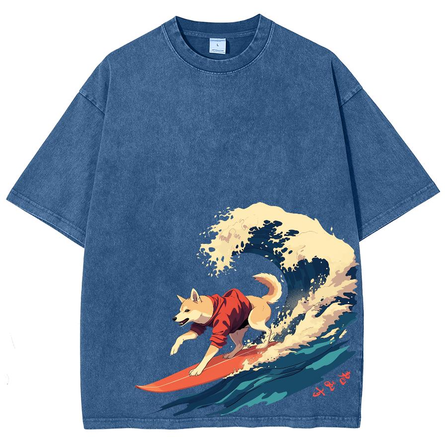 Japanese Style Cartoon Puppy Wave Print Women's T-Shirt Loose Oversized Wash Denim Short Sleeve Fashion Design Top