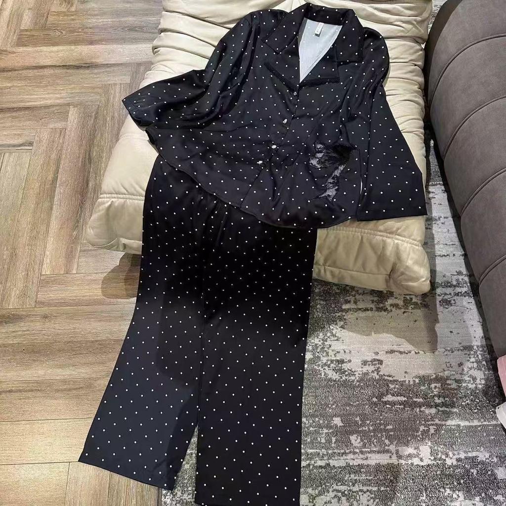 Pajamas women's ice silk autumn and winter new polka dot long-sleeved lace high-end bow loungewear set can be worn outside