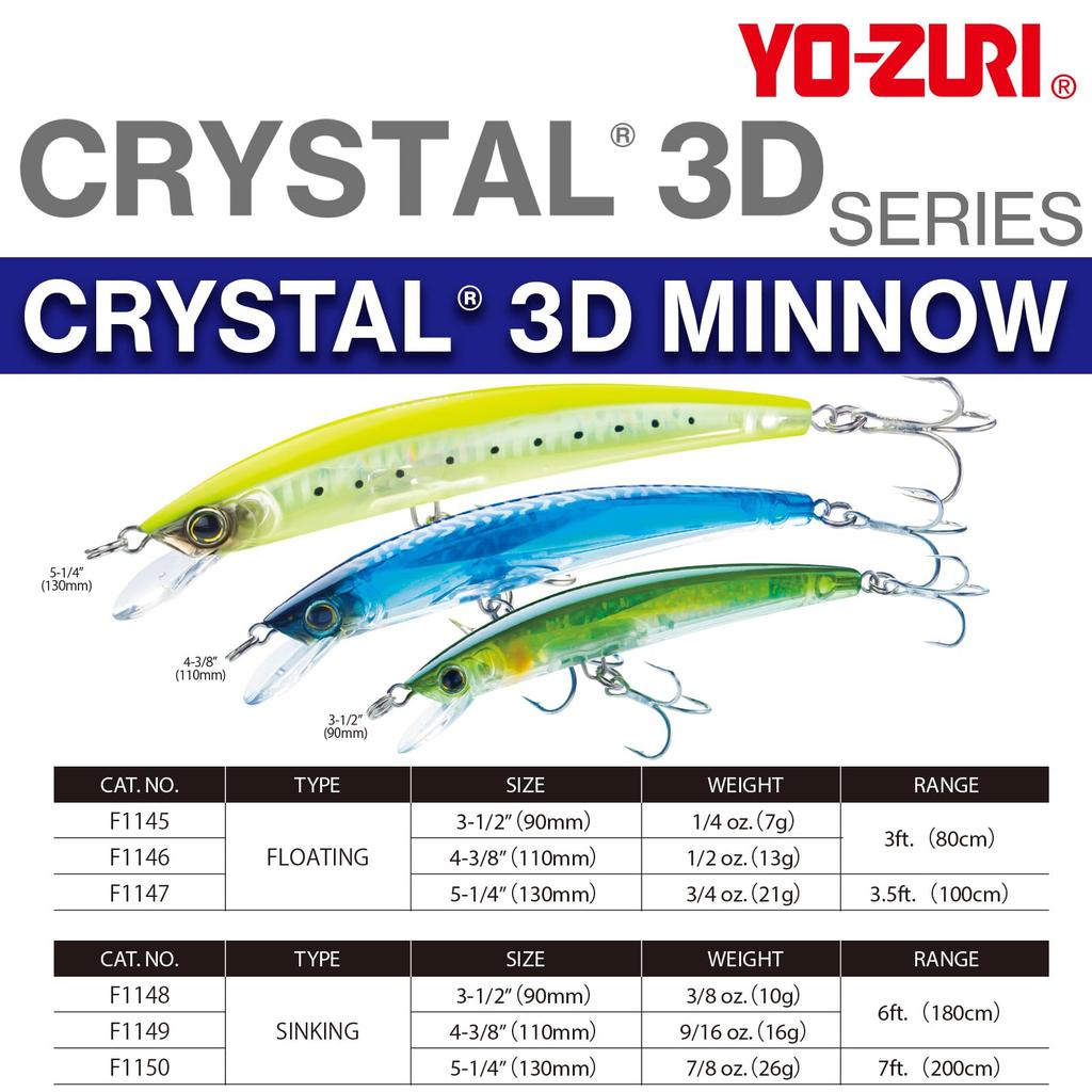 Saltwater Lure Crystal 3D Minnow Floating 110mm Real Glass Minnow YO-ZURI Color