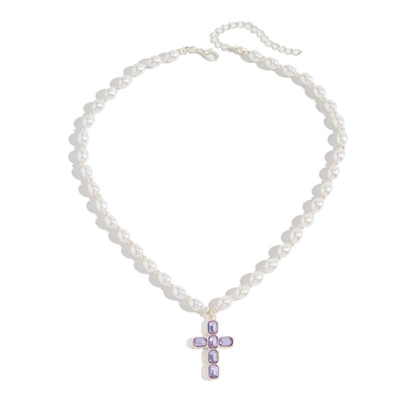 Personalized Diamond Cross Pendant Necklace Luxury Imitation Pearl Choker for Women Formal Banquet Wear Jewelry Gift