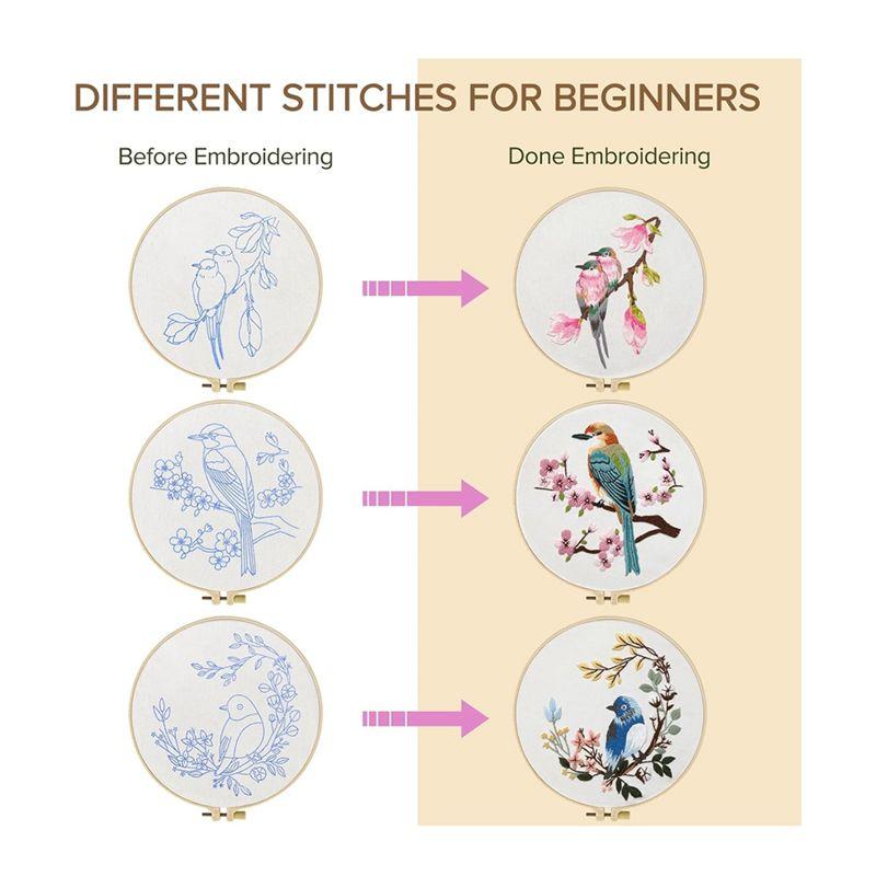 AEE4-4Pack Embroidery Kits For Adults Embroidery Kit For Beginners Hand Embroidery Kit With Patterns(Birdie)