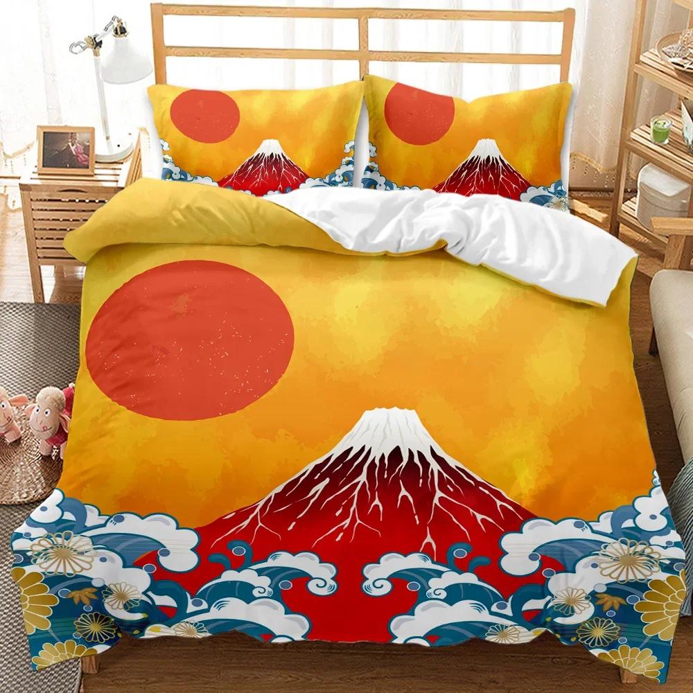 Japanese Style Comforter Cover Set Cherry Blossoms Crane 2/3Pcs Polyester Bedding Set Sea Waves Duvet Cover Set Twin Queen Size
