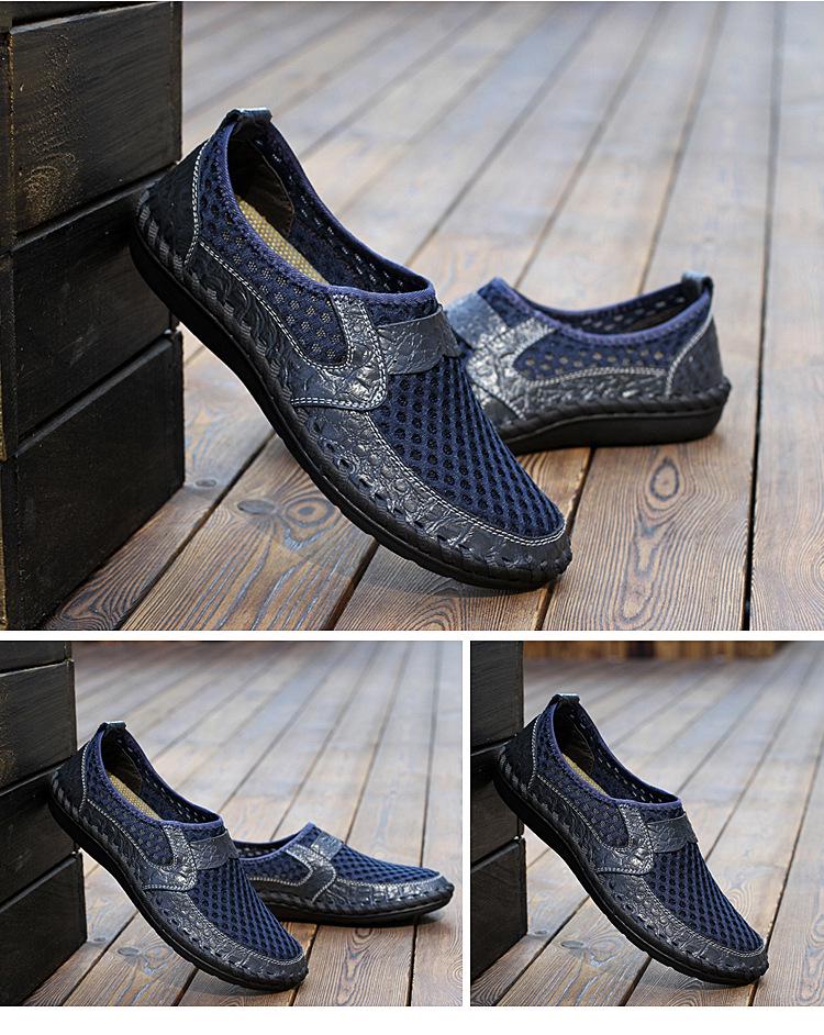 Men's Breathable Crocodile Pattern Mesh Shoes, Genuine Leather, Large Size, Summer Collection.