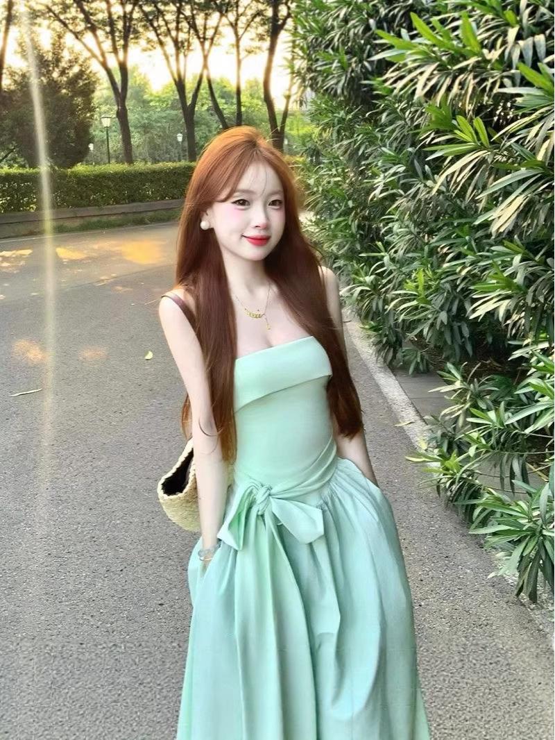 2026 Summer French Mint Green Off-Shoulder Waist-Cinched Maxi Dress – Chic, Fresh, and Age-Reducing Extra Large мятный зеленый