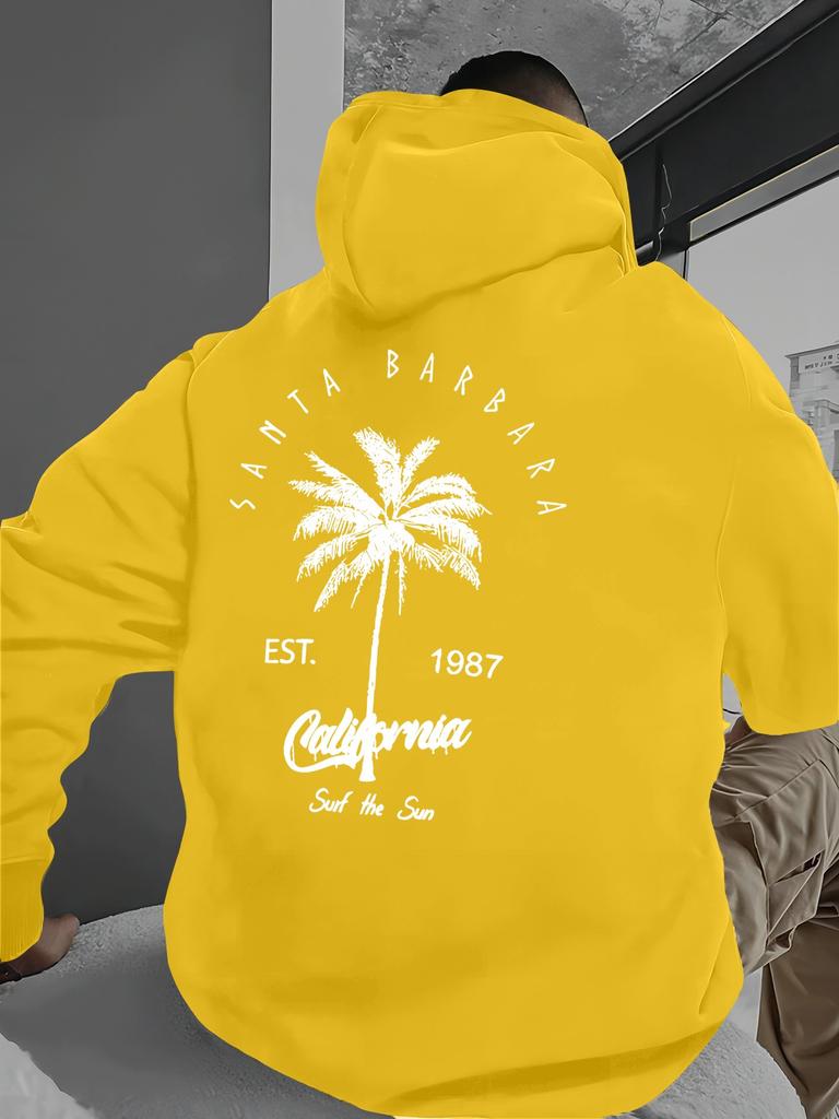 Coconut Trees Print Men's Fashionable Hoodie, Trendy Hooded Pullover Sweatshirt For Men, Perfect For Fall And Winter