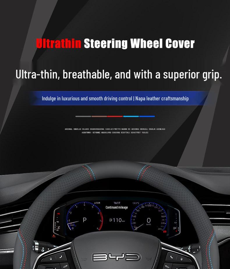 Genuine leather, hand-stitched non-slip steering wheel cover for BYD Dolphin 2021-2023 models.