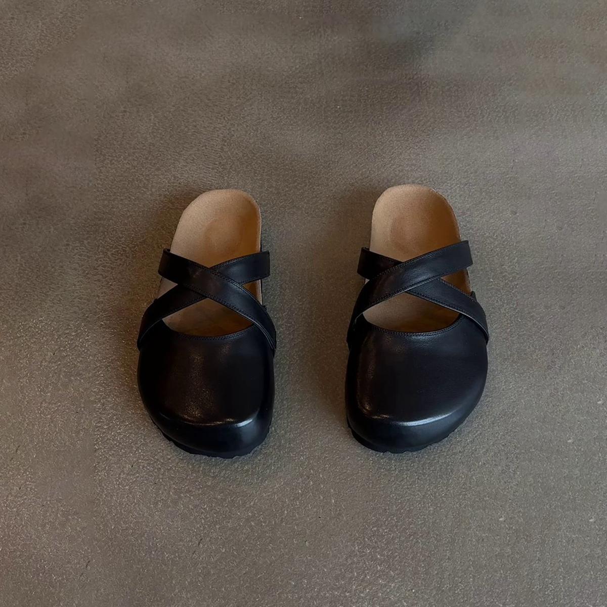 

Blue cabinet version~ retro cross with thick-soled bag head and half slippers to wear outside spring and summer new soft leather one-pedal Birkenstock 35 чёрный