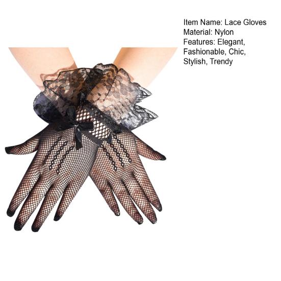 Women's Short Lace Gloves Sheer Mesh Tulle Wrist Length Gloves with Bow Wedding Bridal Fishnet Gloves Opera Tea Party Accessory