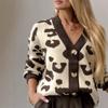 Womens Oversized V-Neck Knit Cardigan With Leopard Print - Soft Acrylic Warm Loose Fit Long Sleeve Sweater Fall 2025