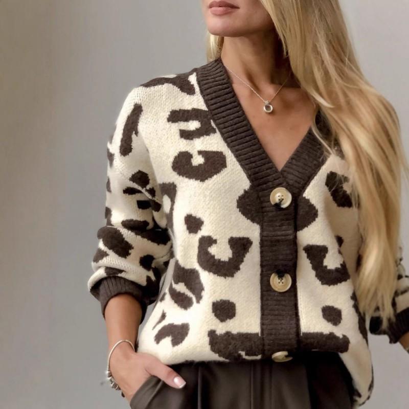 Womens Oversized V-Neck Knit Cardigan With Leopard Print - Soft Acrylic Warm Loose Fit Long Sleeve Sweater Fall 2025