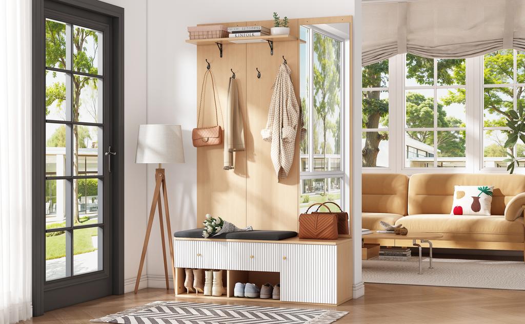 120*40*200cm Multifunkční věšáková sestava, Dřevo, se zrcadlem, lavicí na boty, polštářem, skříňkou na boty, zásuvkou, policí a háčky na oblečení, Barva dřeva + Bílá
