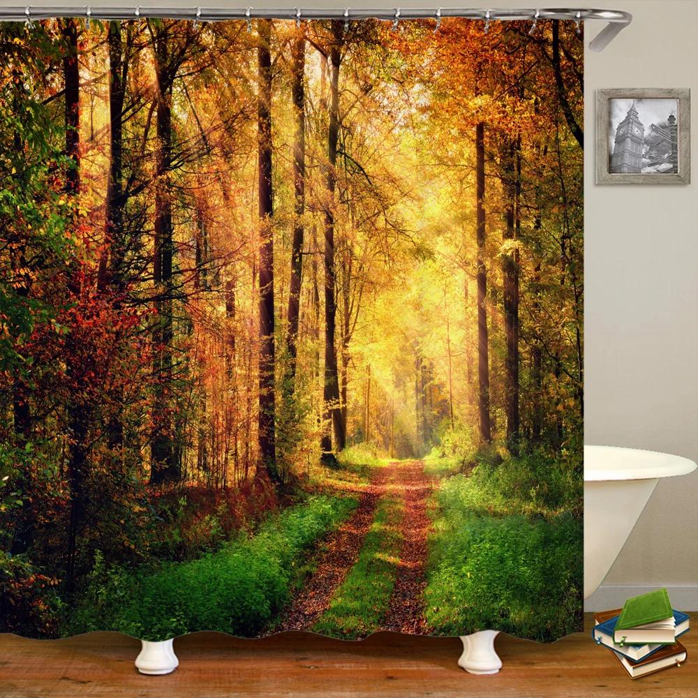 Nature Forest Landscape Shower Curtains Bathroom Curtain Frabic Waterproof Polyester Scenery Bath Curtain with Hooks
