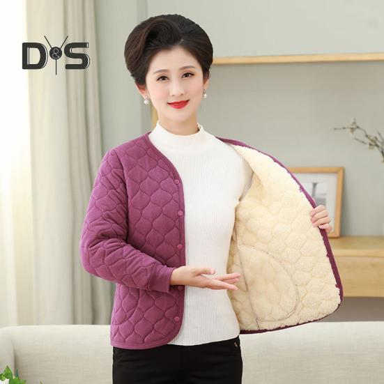 Mid-aged Women Jacket Plush Size Thickened Fleece V Neck Single-breasted Slim Fit Long Sleeves Warm Pockets Mother Bottoming Coat
