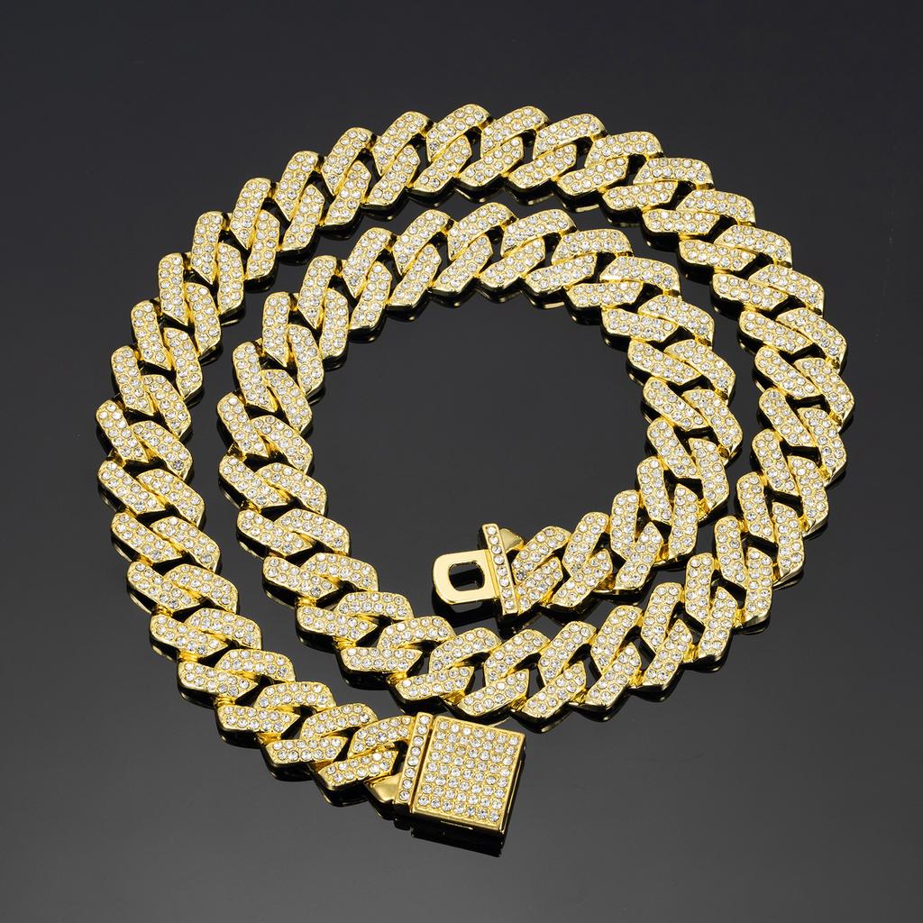 Necklace+Bracelet Cuban Link Chain Hip Hop Men Necklace 14mm Iced Out Paris Chain 2 Row Rhinestone Paved Miami Rhombus Cuban