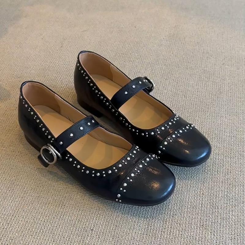 Sheepskin Version~ Round Head Rivet Mary Jane Women's Shoes Shallow Mouth One-word Buckle Single Shoes Versatile Flat Ballet Shoes