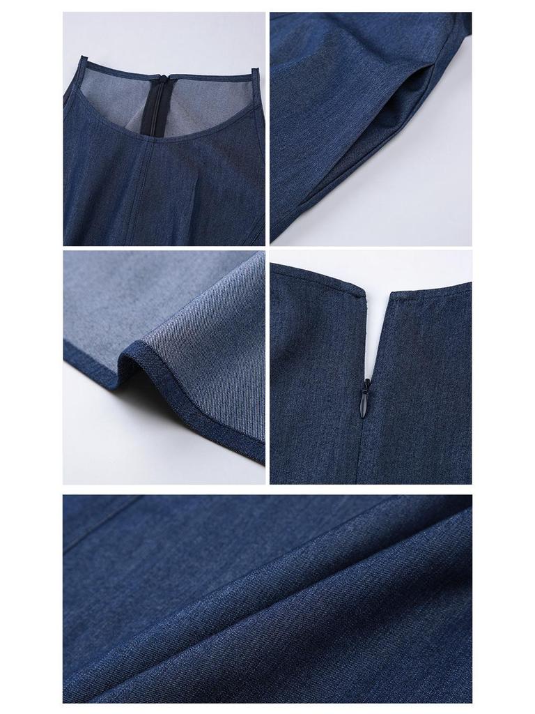 Washed Denim Waist-Defining Big Swing Long Sundress