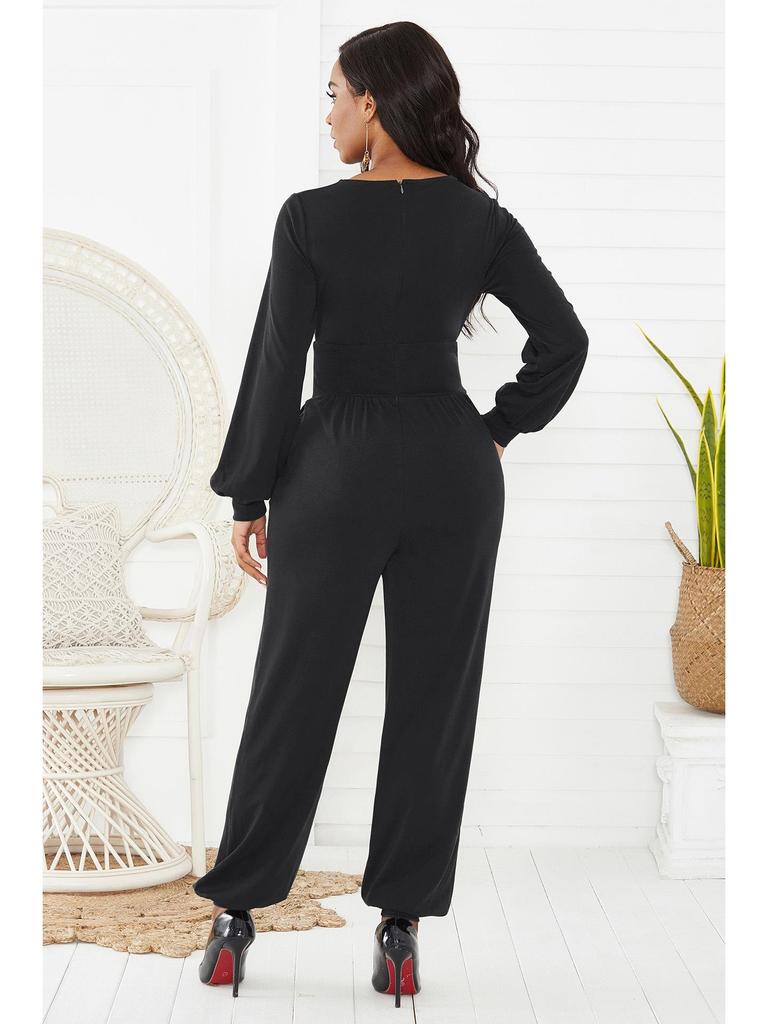 V-Ausschnitt Laternenärmel Weites Bein Jumpsuit für Damen - Herbst/Winter Mode