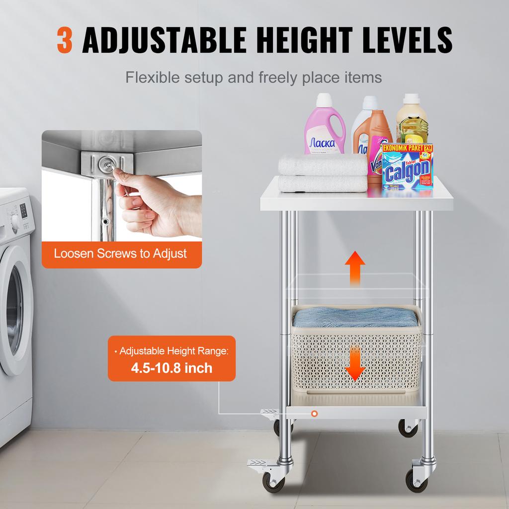 SucceBuy Stainless Steel Work Table with 4 Wheels 3 Adjustable Height Levels Heavy Duty Food Prep Worktable for Commercial Kitch