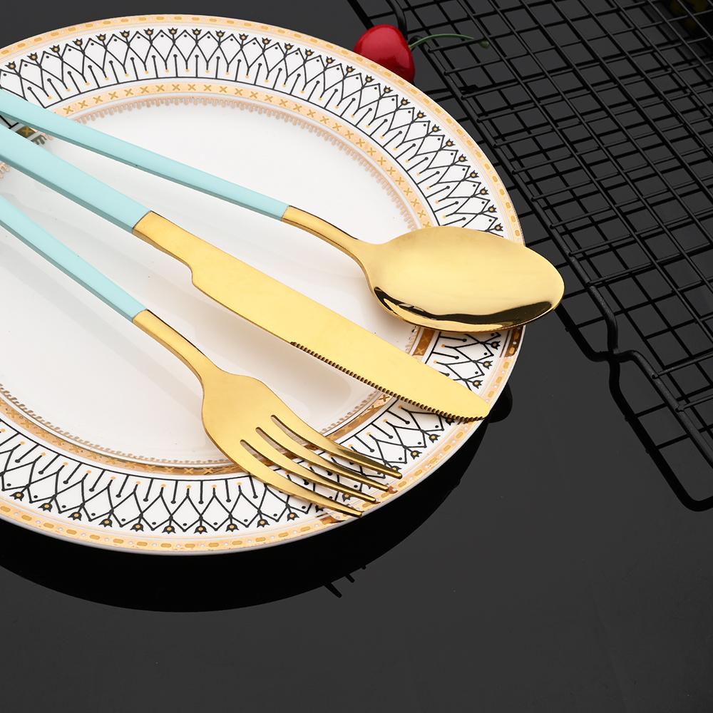 24 ks Moderní jídelní sada Nerezová sada nádobí Modrá Zlatá Nůž Vidlička Lžíce Čajová lžička Kuchyňská sada příborů
