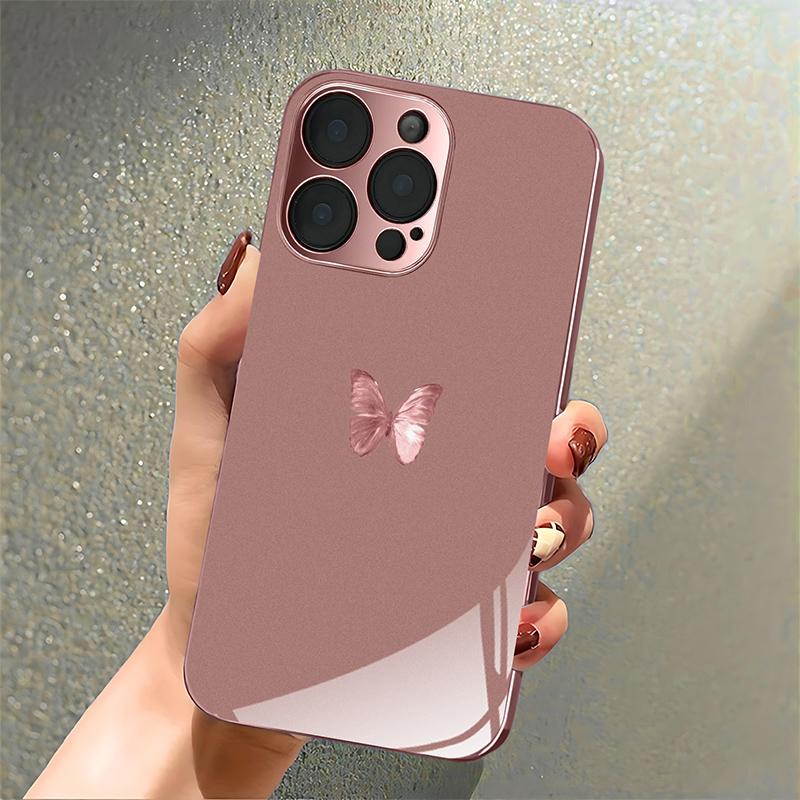 Rosa Schmetterlingsmuster Rosa Metallic Gehärtetes Glas Handyhülle Für iPhone 11 12 13 14 15 16 17 Pro Max 15 Plus 17 Air 17E Hülle