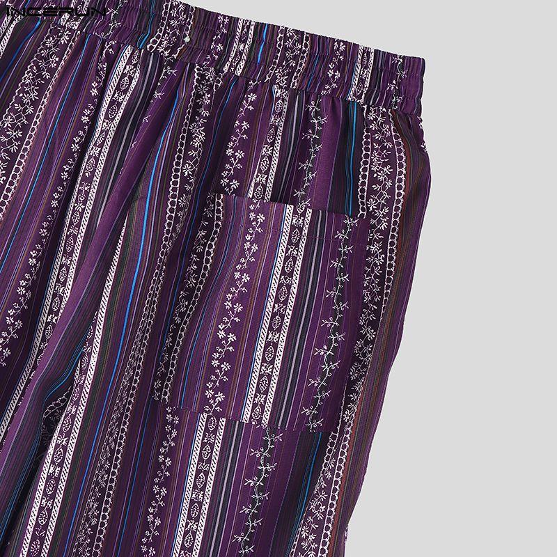 INCERUN Bohemia Men Elastic Waist Casual Long Floral Print Baggy Trousers Pants