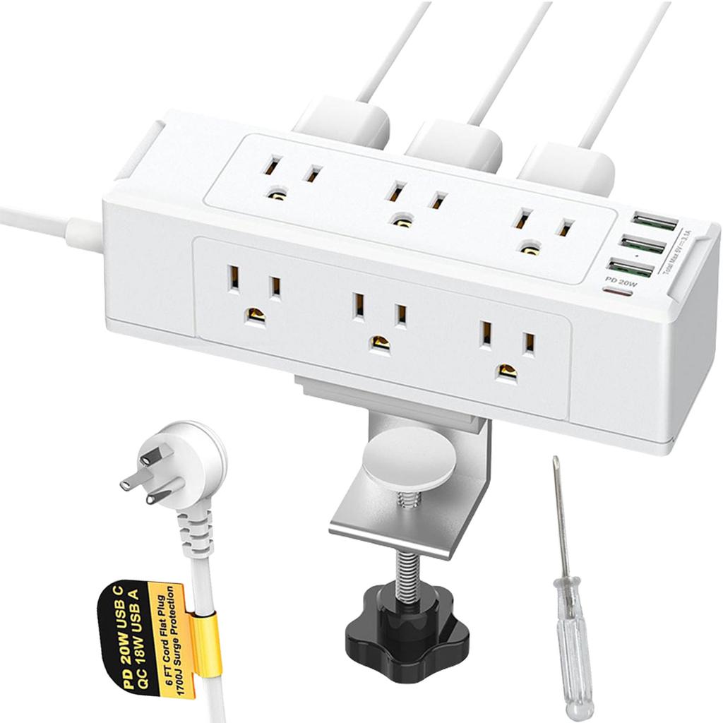 Desk Power Socket Removable Clamp Socket with USB C Desk Clamp Power Strip 6 Outlet Desktop Mount Power Station