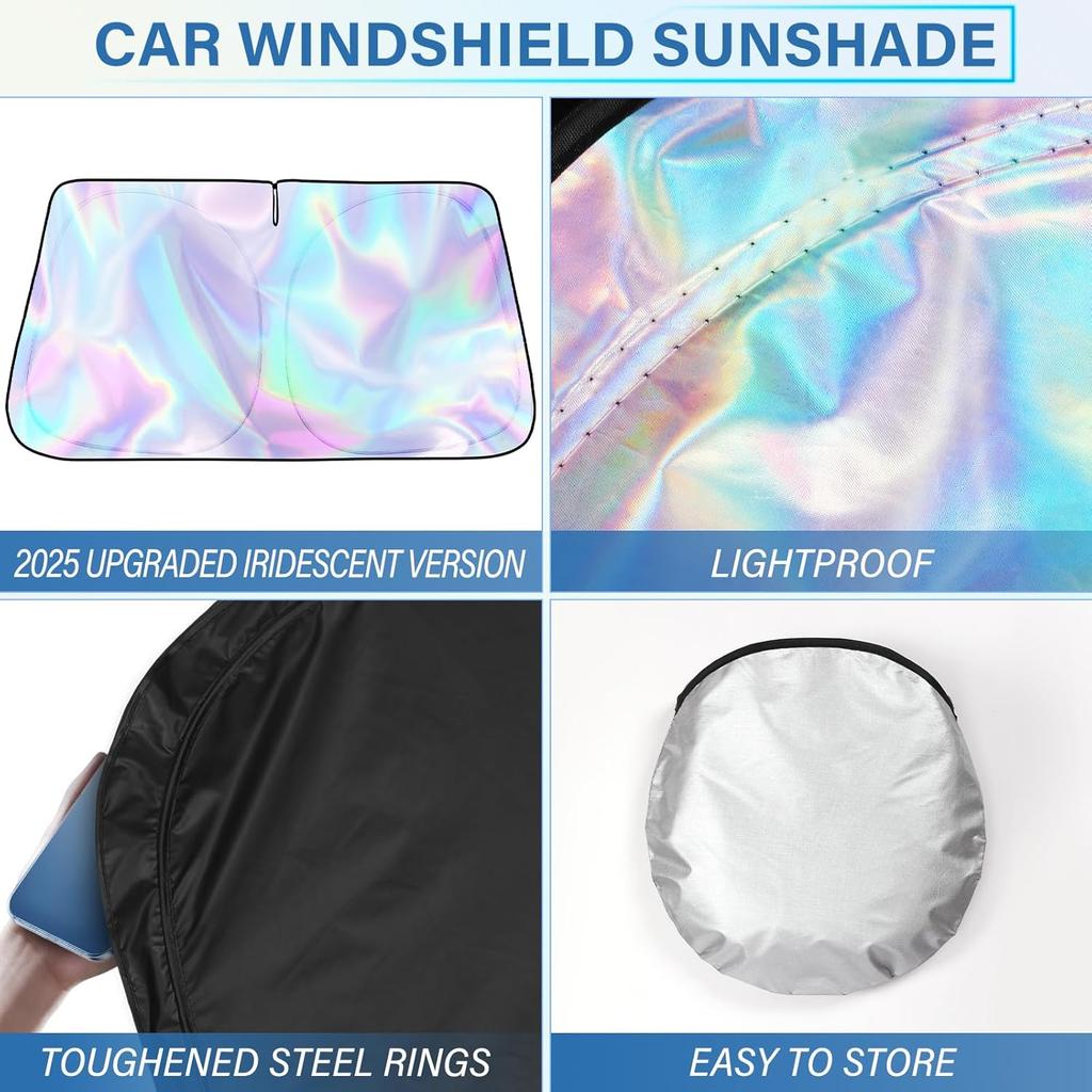 Iridescent Sun Shade for Car Windshield, Foldable Universal Car Windshield Upgrade Sunshade Enhanced UV Rays Reflective Sun Visor Shade Keeps Vehicle