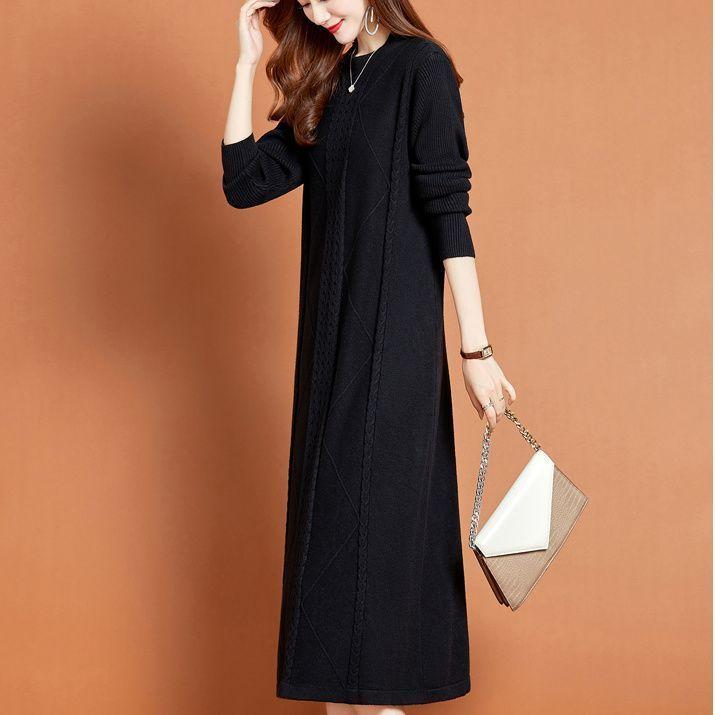 Knitted Dress for Women Mid-length Straight Sweater Dress Long Pullover Loose Knitted Sweater Knee-length Base Sweater