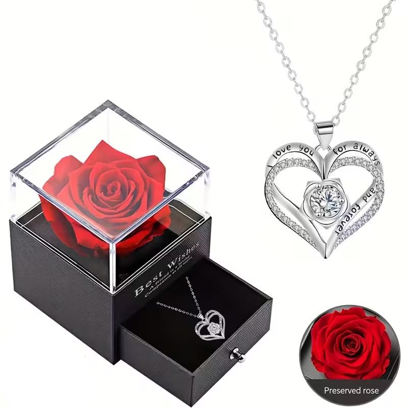 Elegant Heart-Shaped Inlaid Necklace With Luxury Red Rose Gift Box Christmas Valentine's Day Romance Gift For Girlfriend Wife
