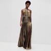 Women's Halter Neck Metallic Pleated Deep Slit Backless Maxi Party Dress