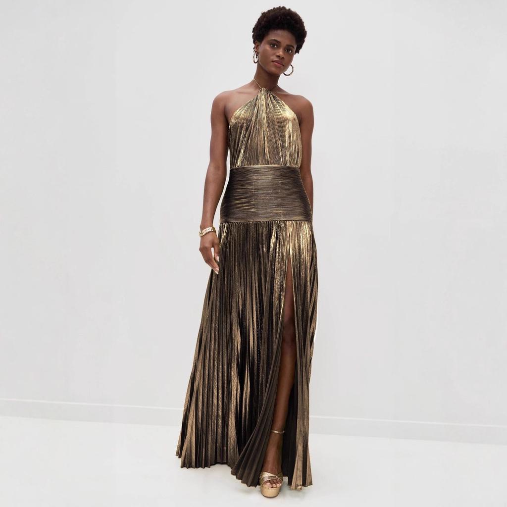 Women's Halter Neck Metallic Pleated Deep Slit Backless Maxi Party Dress