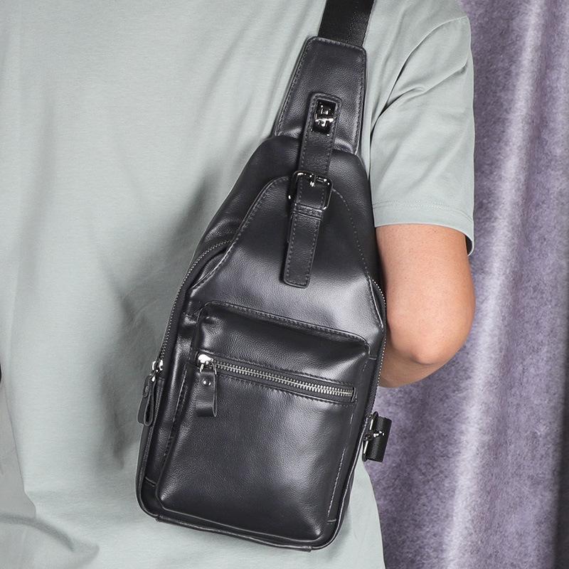 Men s Genuine Leather Chest Bag, Top Grain Cowhide Multi-pocket Casual Cycling Crossbody Chest Mini Bag чёрный