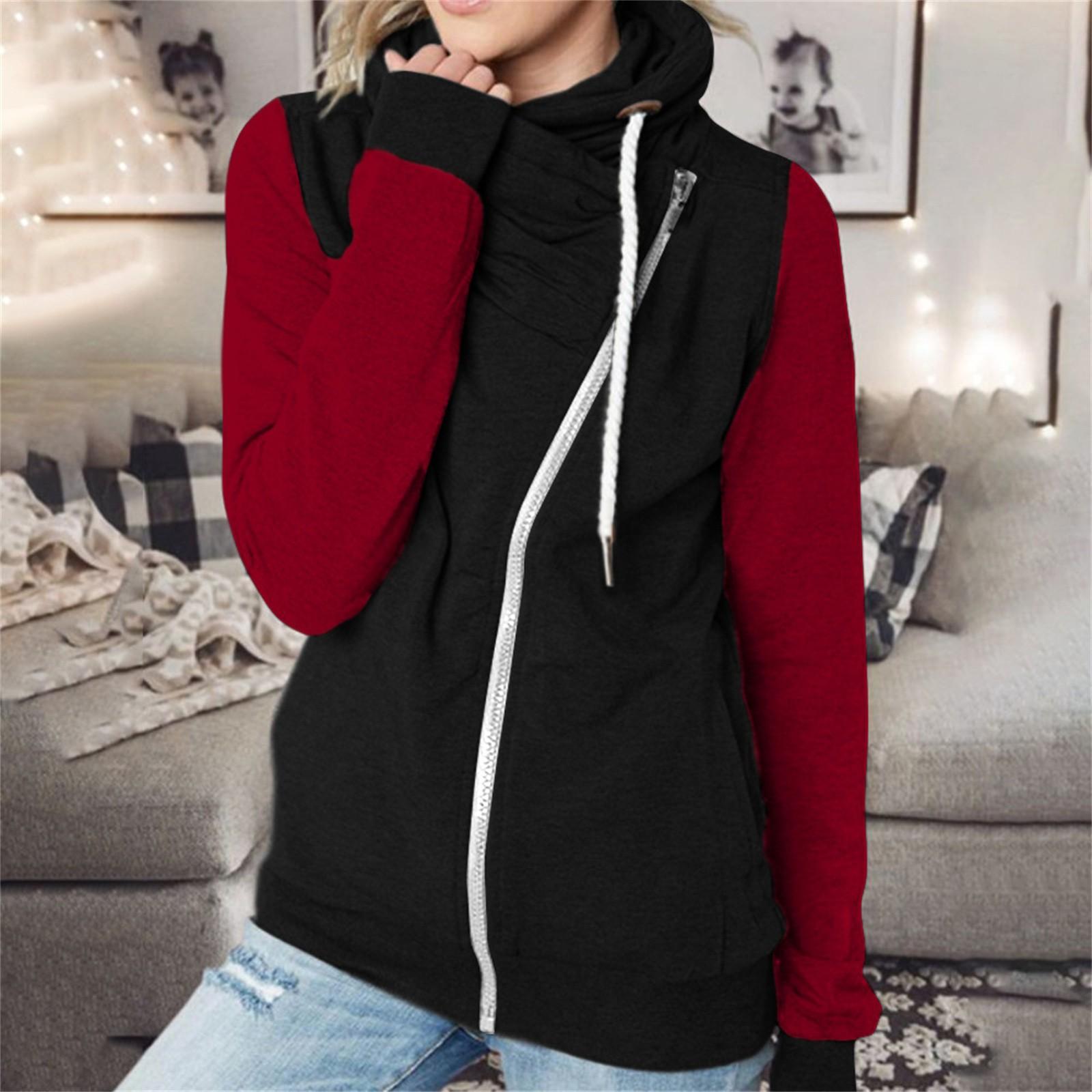 

Womens Fashion Solid Color Matching Draw String Up Casual Long Sleeve Sweatshirt Coat XL винний