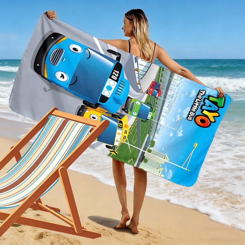 Serviette de Plage Imprimée Tayo le Petit Bus, Grande Serviette Douce à Séchage Rapide pour Plage Camping Natation