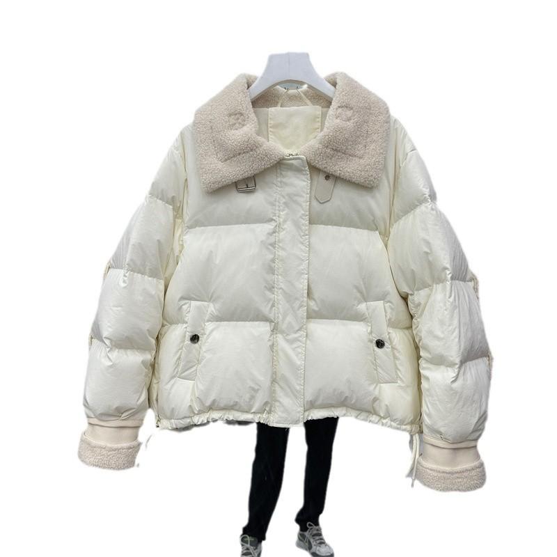 Small short down jacket women's autumn and winter lamb down large lapel thickened white duck down loose coat