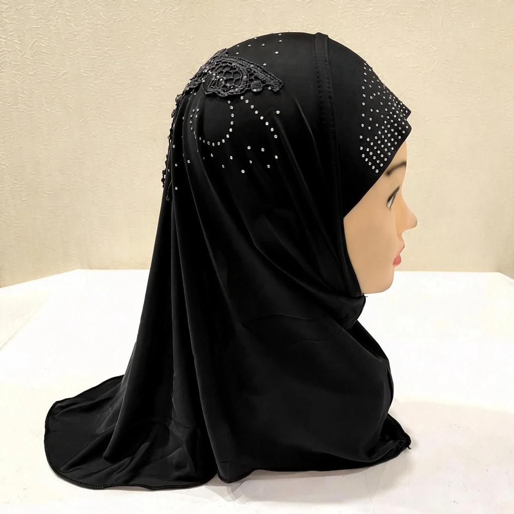 Luxury Instant Hijab Headscarf Fit 2-6 Years Old Girls Muslim Hijab Hat Islam Scarf Embroidery Rhinestone Full Cover Turban Caps