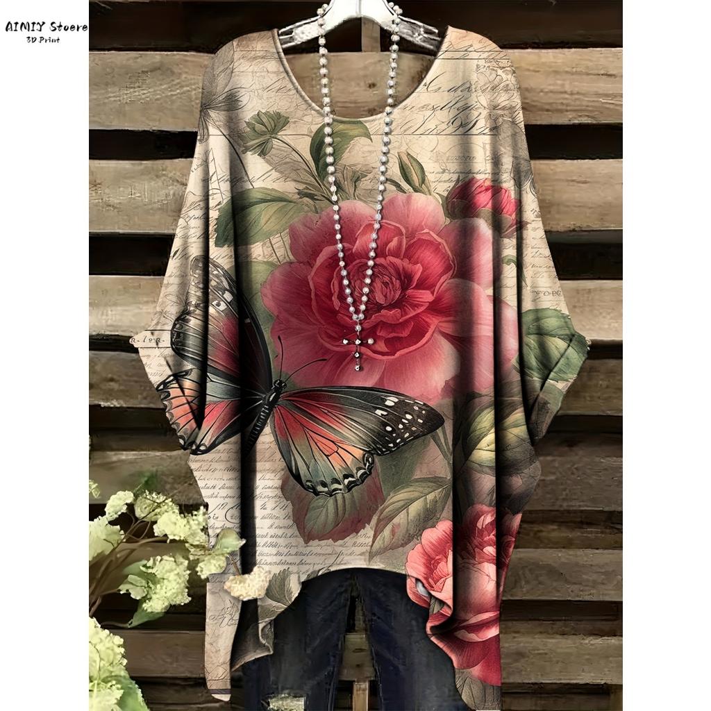 Camiseta Floral Bohemia para Mujer - Elegante Diseño Retro con Vibrante Patrón de Rosas y Hojas Casual Cuello Redondo Lavable a Máquina