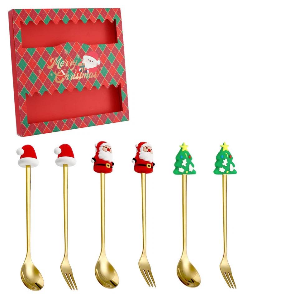 Weihnachtsgeschirr Edelstahl Löffel Gabel Set Kreativer Schneemann Löffel Kaffeelöffel Obstgabel Perfekte Feiertags-Tischdeko