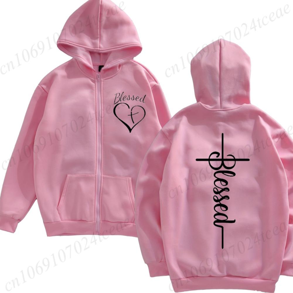 

Женская толстовка на молнии Осень Зима Новая мода Толстовки на молнии Благословенный и Сердце Свитшот Женская уличная одежда Благословенные Пальто с крестом XXXL