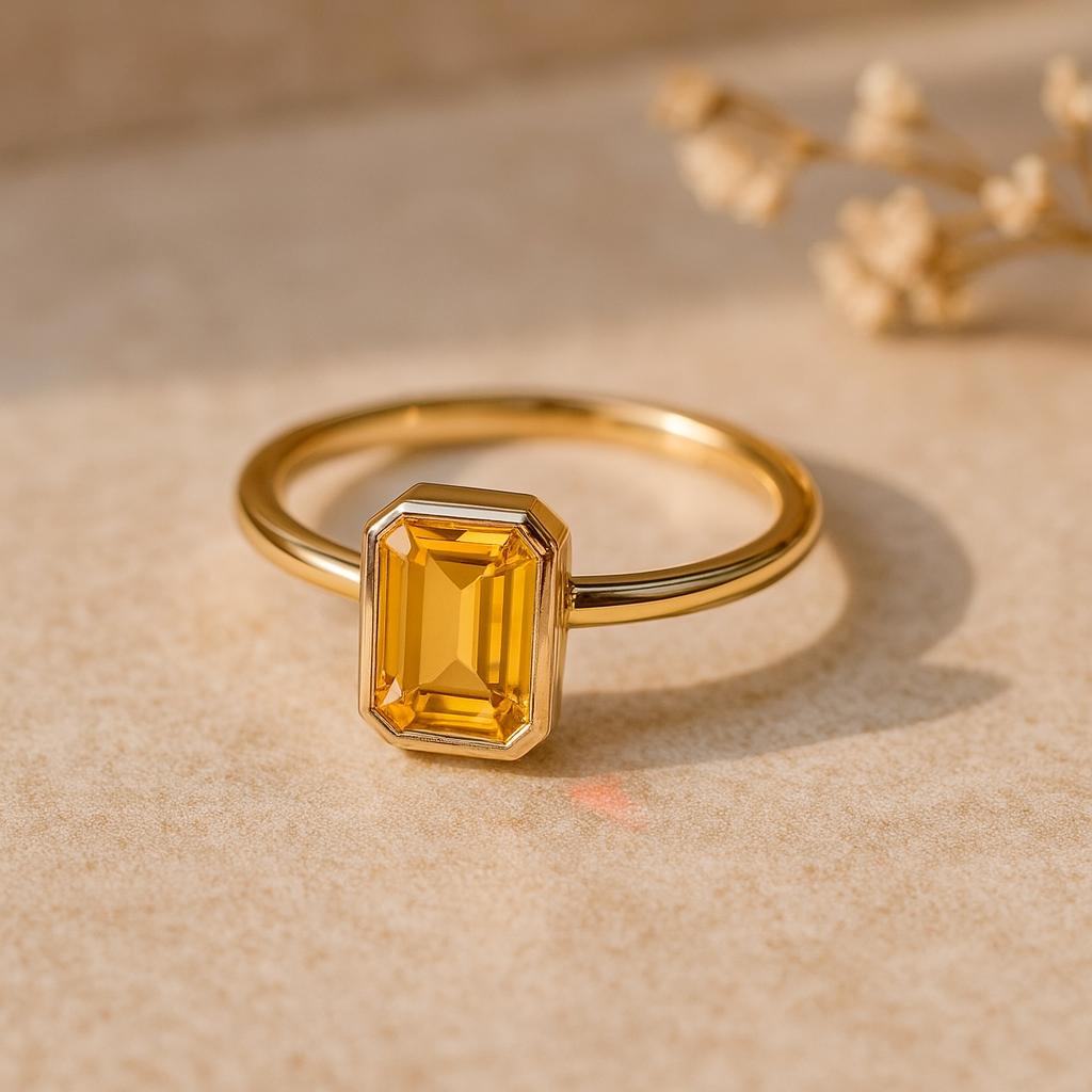 Yellow Citrine Gem Emerald Cut Gold Plated Ring for Women – Stylish Elegant Jewelry