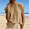 Women Shirt V Neck Ruffled Stitching Short Sleeve Tops