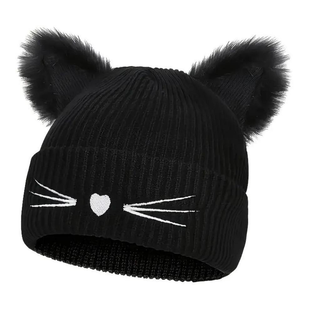 Embroidery Cat Ear Beanie Faux Fur Winter Hat Cute Kawaii Beanie For Women
