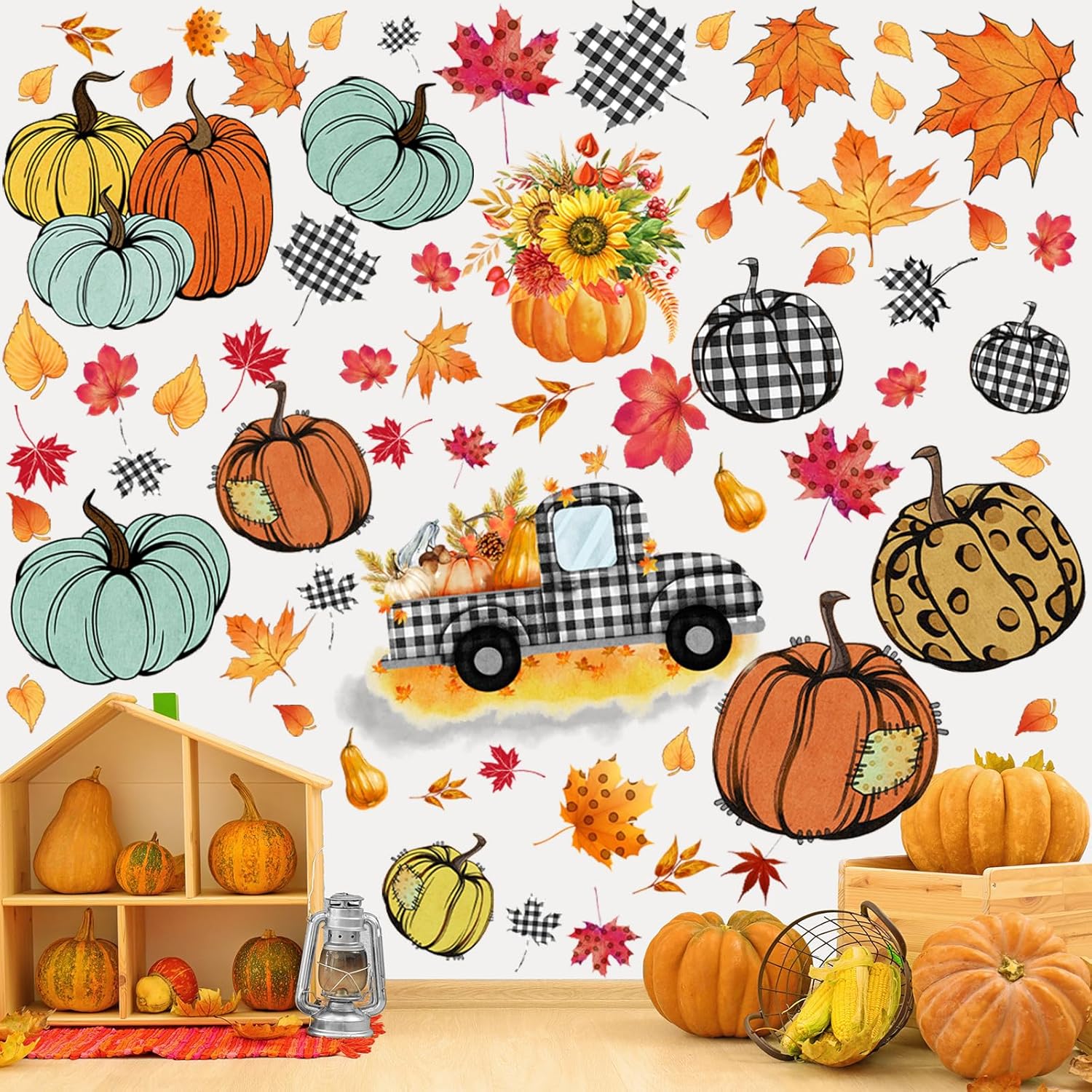 6 Sheets 85 Pcs Thanksgiving Gnome Wall Decals Fall Autumn Harvest Wall Decals Gnome Pumpkin Sunflower Maple Leaves Window Clings for Home Living тыква