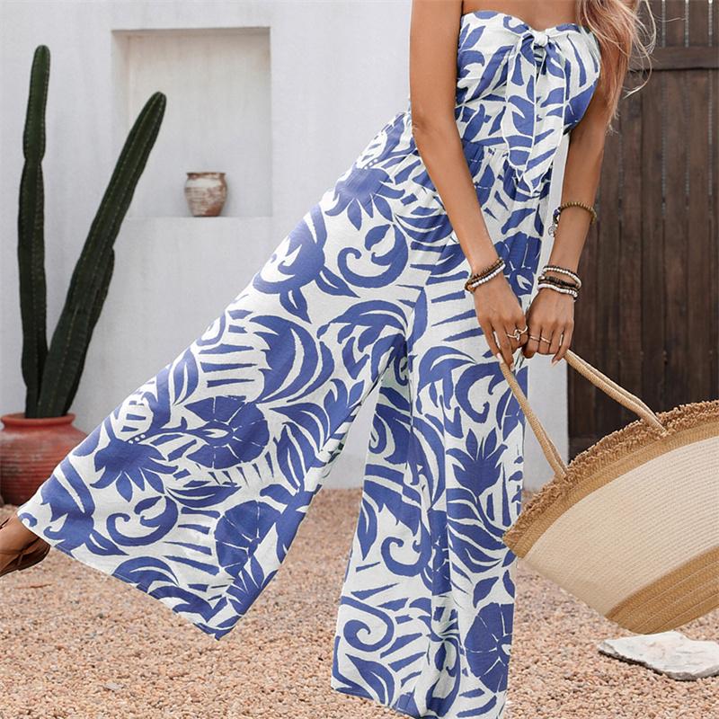 Strapless Fresh Vacation Style Printed Jumpsuit S-XL