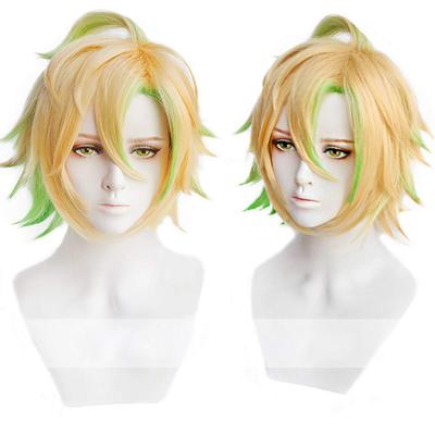 Heat-resistant Cosplay Wig, Gold and Light Green Mesh, Cool Short Hair, Perfect for Parties and Costumes, Plus 2 Bonus Items.