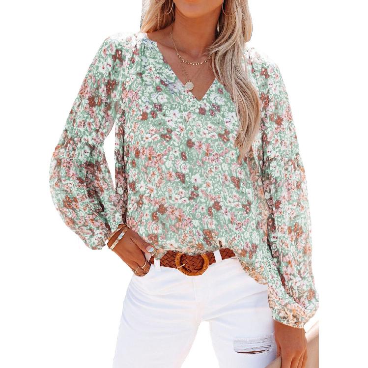 2026 New Spring and Autumn Women s V-neck Chiffon Top Lantern Sleeve Floral Casual T-shirt S зелёный