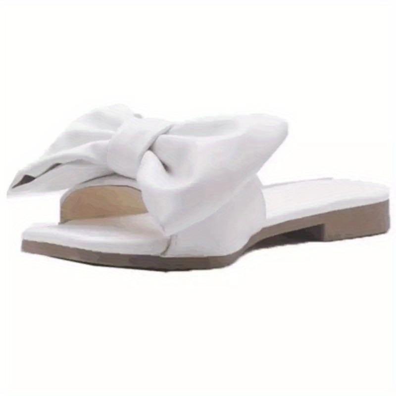 Women's Bowknot Flat Slippers, Solid Color Square Open Toe Non Slip Slides Shoes, Versatile Indoor & Outdoor Slippers