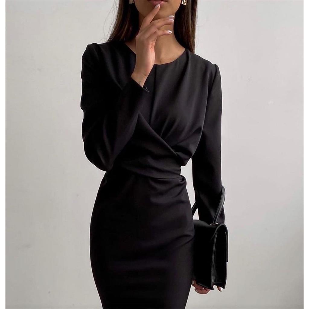 Women's Long Sleeve Round Neck French Retro Slim Long Dress