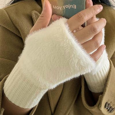 Plüsch Plüsch Halbfingerhandschuhe für Damen Winter Warm Handgelenkschützer mit Fingerlos Touchscreen Studenten Tippen und Schreiben Einfarbig